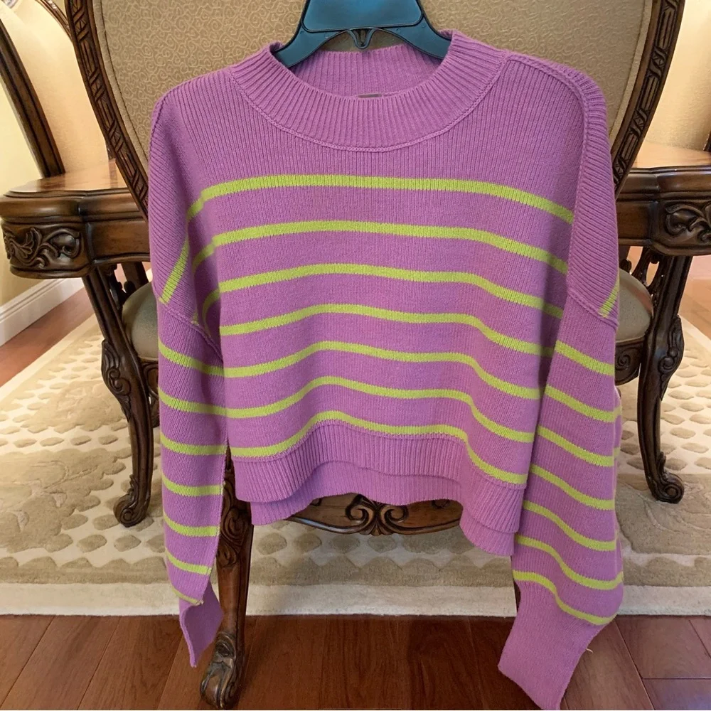 NWT Free People‎ Easy Street Stripe Print Mock Neck Long Sleeve Cropped Pullover